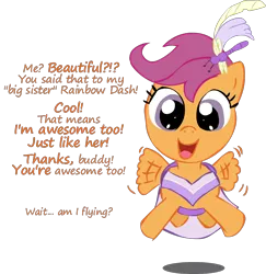 Size: 1232x1270 | Tagged: artist:newportmuse, beautiful, clothes, derpibooru import, dialogue, dress, everypony is beautiful, flying, gala dress, happy, looking at you, offscreen character, open mouth, part of a series, part of a set, safe, scootaloo, scootaloo can fly, scootalove, simple background, smiling, solo, spread wings, transparent background