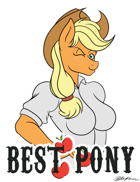 Size: 1024x1325 | Tagged: anthro, applejack, artist:sketchychangeling, best pony, breasts, busty applejack, clothes, derpibooru import, female, hand on hip, one eye closed, safe, shirt, simple background, solo, transparent background, wink