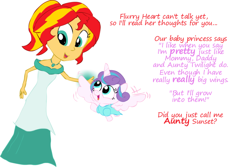 Size: 1404x990 | Tagged: safe, artist:newportmuse, derpibooru import, part of a set, princess flurry heart, sunset shimmer, equestria girls, auntie sunset, beautiful, clothes, cute, dialogue, dress, duo, everypony is beautiful, flurrybetes, flying, magic, open mouth, part of a series, simple background, smiling, spread wings, transparent background