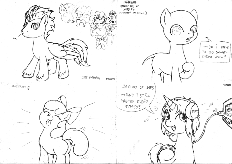 Size: 2330x1653 | Tagged: safe, artist:merkleythedrunken, derpibooru import, apple bloom, pinkie pie, oc, oc:nudie, pegasus, pony, bald, facial hair, furless, hairless, headphones, monochrome, moustache, sketch, sketch dump