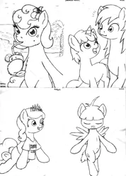 Size: 1656x2330 | Tagged: safe, artist:merkleythedrunken, derpibooru import, carrot top, derpy hooves, diamond tiara, dinky hooves, featherweight, golden harvest, pony, beach, belly button, bipedal, clothes, drink, monochrome, shirt, sketch, sketch dump