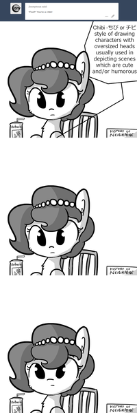 Size: 792x2376 | Tagged: safe, artist:tjpones, derpibooru import, oc, oc:brownie bun, unofficial characters only, earth pony, pony, horse wife, ask, book, breaking the fourth wall, chair, cheek fluff, chest fluff, chibi, comic, drink, ear fluff, female, grayscale, mare, monochrome, neighponese, oatacola, reading, simple background, sitting, solo, straw, text, tumblr, white background