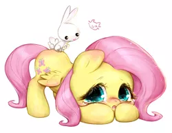 Size: 800x617 | Tagged: safe, artist:catmag, derpibooru import, angel bunny, fluttershy, pegasus, pony, blushing, chibi, crying, cute, female, looking at you, open mouth, sad, shyabetes, simple background, spread wings, white background