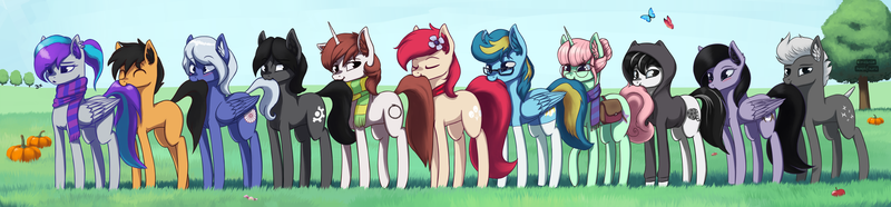 Size: 7300x1700 | Tagged: safe, artist:mrscroup, derpibooru import, oc, oc:bolterdash, oc:cocoa mocha, oc:flake, oc:lampa, oc:pie, oc:scroupy, oc:sinnie, oc:starless night, unofficial characters only, butterfly, earth pony, pegasus, pony, unicorn, pony town, blank flank, blushing, clothes, cute, ear fluff, eyes closed, flower, flower in hair, glasses, group, looking at you, nightpie, nom, scarf, socks, tail bite