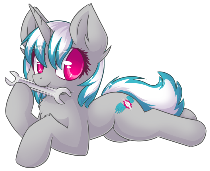 Size: 2192x1785 | Tagged: safe, artist:sapphfyr, derpibooru import, oc, oc:windshear, unofficial characters only, pony, unicorn, mouth hold, prone, simple background, smiling, solo, transparent background, wrench