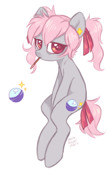Size: 1160x1800 | Tagged: safe, artist:hawthornss, derpibooru import, oc, oc:gatchapon, unofficial characters only, earth pony, pony, ear piercing, earring, food, hair accessory, jewelry, looking at you, piercing, pigtails, ribbon, simple background, sleepy, solo, transparent background, twintails