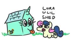 Size: 673x375 | Tagged: safe, artist:jargon scott, derpibooru import, bon bon, lyra heartstrings, sweetie drops, earth pony, pony, :o, :p, adorabon, alternate cutie mark, bon bon is not amused, chibi, cute, dialogue, female, glare, implied vulgar, l.u.l.s., mare, not salmon, open mouth, pun, shed, silly, simple background, smiling, squatpony, tongue out, u lil shid, unamused, wat, white background