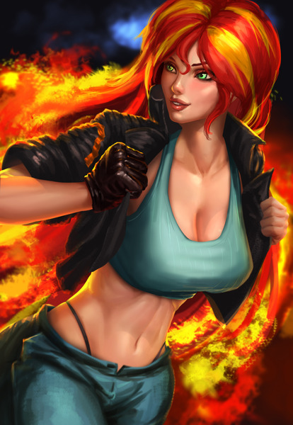 Size: 2420x3508 | Tagged: suggestive, artist:sunset tide, derpibooru import, sunset shimmer, human, equestria girls, badass, belly button, breasts, busty sunset shimmer, clothes, female, fiery shimmer, fire, gloves, humanized, leather jacket, looking back, midriff, panties, pants, pixiv, pyromancy, solo, solo female, thong, underwear