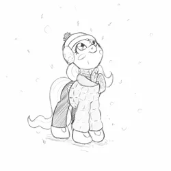 Size: 1200x1200 | Tagged: artist:trickydick, blushing, blush sticker, boots, clothes, derpibooru import, earmuffs, fluttershy, hat, jacket, looking up, monochrome, pants, safe, scarf, simple background, snow, snowfall, solo, white background