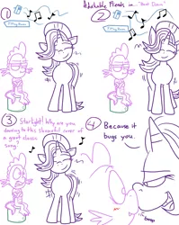 Size: 1280x1611 | Tagged: safe, artist:adorkabletwilightandfriends, derpibooru import, spike, starlight glimmer, pony, comic:adorkable twilight and friends, adorkable friends, bedroom eyes, blushing, boop, butt shake, comic, crossed arms, dancing, eyes closed, eyes on the prize, face to face, lidded eyes, lineart, look at that booty, looking at each other, music, nose wrinkle, noseboop, open mouth, simple background, sitting, slice of life, smiling