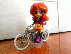 Size: 2592x1944 | Tagged: safe, derpibooru import, sunset shimmer, equestria girls, bicycle, boots, clothes, cute, doll, equestria girls minis, harley davidson, irl, jacket, leather jacket, photo, skirt, solo, toy