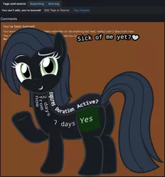 Size: 1583x1704 | Tagged: safe, artist:badumsquish, derpibooru import, oc, oc:albany, ponified, unofficial characters only, derpibooru, badumsquish strikes again, ban, ban pony, body writing, chubby, derpibooru ponified, dialogue, dreamworks face, female, heart, large butt, looking at you, looking back, meta, plot, raised hoof, simple background, smirk, smug, solo, talking to viewer, taunting