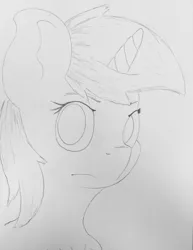 Size: 1701x2202 | Tagged: safe, artist:andandampersand, derpibooru import, oc, oc:littlepip, unofficial characters only, pony, unicorn, fallout equestria, fanfic, black and white, bust, fanfic art, female, grayscale, horn, lineart, mare, monochrome, portrait, simple background, solo, white background, wip