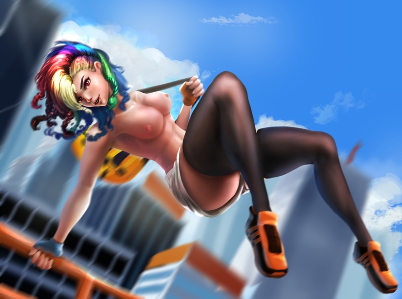Size: 5887x4389 | Tagged: absurd resolution, armpits, artist:sunset tide, backpack, breasts, busty rainbow dash, clothes, derpibooru import, edit, female, gloves, human, humanized, midriff, mirror's edge, nipples, nude edit, nudity, outdoors, pants, parkour, partial nudity, partial nudity edit, questionable, rainbow dash, shoes, shorts, sneakers, socks, solo, solo female, thigh highs, topless