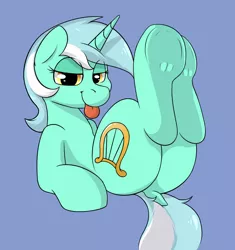 Size: 1280x1364 | Tagged: suggestive, artist:rileyisherehide, derpibooru import, lyra heartstrings, bedroom eyes, dock, explicit source, female, looking at you, plot, raspberry, simple background, smiling, solo, solo female, tongue out, underhoof