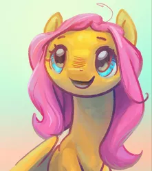 Size: 884x1000 | Tagged: artist:incmyk, bust, derpibooru import, fluttershy, gradient background, looking up, portrait, safe, smiling, solo