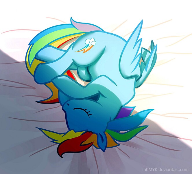 Size: 1300x1175 | Tagged: safe, artist:incmyk, derpibooru import, rainbow dash, pegasus, pony, bedsheets, curled up, cute, eyes closed, folded wings, sleeping, solo, top down, wings