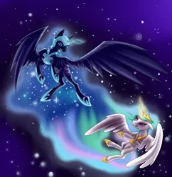 Size: 2181x2255 | Tagged: artist:ellen124, derpibooru import, fight, floppy ears, flying, glowing horn, gritted teeth, magic, nightmare moon, princess celestia, safe, spread wings, stars