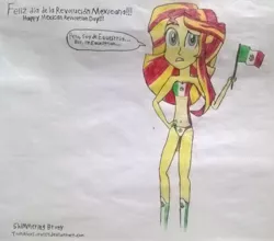 Size: 2691x2368 | Tagged: safe, artist:toonalexsora007, derpibooru import, sunset shimmer, equestria girls, boots, bra, clothes, dialogue, flag, hand on hip, mexican, mexican flag, mexican revolution, mexico, panties, solo, spanish, traditional art, underwear