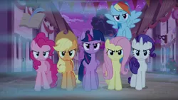 Size: 1920x1080 | Tagged: safe, derpibooru import, edit, screencap, applejack, fluttershy, pinkie pie, rainbow dash, rarity, twilight sparkle, twilight sparkle (alicorn), alicorn, pony, to where and back again, angry, dream, evil applejack, evil fluttershy, evil grin, evil mane six, evil pinkie pie, evil rainbow dash, evil rarity, evil twilight, fog, inverted mouth, looking at you, mane six, misty brightdawn, our town, smiling, this will not end well, village, walking towards you, wrong neighborhood