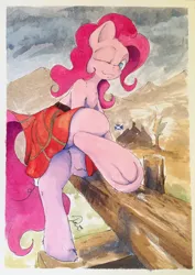 Size: 1280x1805 | Tagged: artist:ruby, clothes, cloud, cute, derpibooru import, fence, flag, kilt, looking back, mountain, one eye closed, partial nudity, pinkie pie, scotland, skirt, skirt lift, smiling, solo, suggestive, topless, traditional art, underhoof, watercolor painting, wink