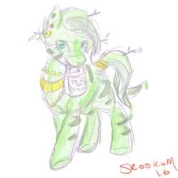 Size: 1000x1000 | Tagged: artist:skookum, derpibooru import, goo, goo pony, halloween costume, jewelry, late holiday, looking at you, oc, oc:verdant flora, original species, safe, simple background, sketch, solo, sticks, trick or treat, unofficial characters only, zebra