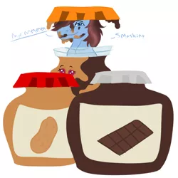 Size: 640x640 | Tagged: artist:neonaarts, chocolate, derpibooru import, fleetfoot, food, jars, oc, oc:calm wind, peanut butter, safe, text