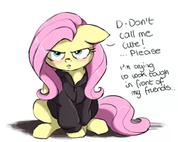 Size: 1500x1200 | Tagged: safe, artist:buttersprinkle, derpibooru import, fluttershy, pony, angry, blushing, buttersprinkle is trying to murder us, clothes, cute, dialogue, female, floppy ears, fluttertsun, hoodie, i'm not cute, jacket, looking at you, mare, shyabetes, simple background, sitting, solo, text, tough, tsundere, white background