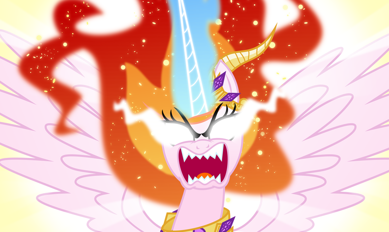 Size: 6000x3595 | Tagged: safe, artist:orin331, derpibooru import, nightmare star, princess celestia, alicorn, pony, absurd resolution, alternate universe, angry, fangs, glowing eyes, glowing horn, magic, mane of fire, open mouth, rage, solo, spread wings, xk-class end-of-the-world scenario