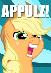 Size: 500x709 | Tagged: safe, artist:paragonaj, derpibooru import, applejack, earth pony, pony, apple, appul, faic, fashion reaction, image macro, meme, silly, silly pony, solo, that pony sure does love apples, who's a silly pony
