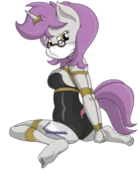 Size: 4000x5000 | Tagged: suggestive, artist:ryuseihikari, derpibooru import, oc, oc:snappy edit, unofficial characters only, anthro, plantigrade anthro, unicorn, angry, arm behind back, barefoot, bondage, bound, bound and gagged, cloth gag, feet, female, frogtie, gag, glasses, horn ring, knee tied, looking back, magic suppression, rope, simple background, solo, solo female, transparent background