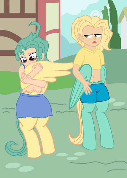 Size: 2297x3217 | Tagged: artist:oneovertwo, belly button, brother and sister, clothes, derpibooru import, midriff, oc, oc:drizzle, oc:gale, offspring, parent:zephyr breeze, preening, safe, satyr, short shirt, skirt, unofficial characters only