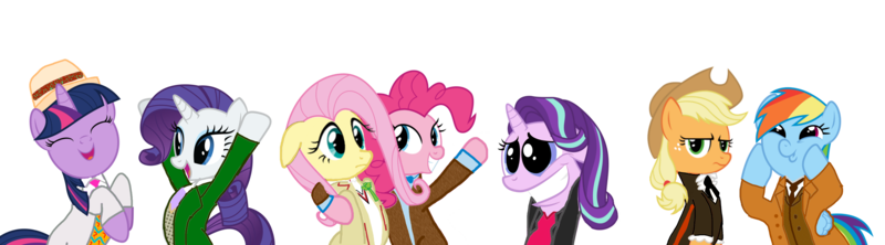 Size: 3766x1043 | Tagged: applejack, christopher eccleston, clothes, cosplay, costume, cute, dashface, david tennant, derpibooru import, doctor who, eighth doctor, eleventh doctor, eyes closed, fifth doctor, fluttershy, grin, jon pertwee, lidded eyes, mane six, matt smith, ninth doctor, open mouth, paul mcgann, peter davison, pinkie pie, rainbow dash, rarity, safe, seventh doctor, simple background, smiling, starlight glimmer, sylvester mccoy, tenth doctor, third doctor, transparent background, twiabetes, twilight sparkle, x x everywhere