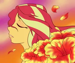 Size: 1000x850 | Tagged: safe, artist:wryte, derpibooru import, sunset shimmer, equestria girls, eyes closed, flower, hibiscus, solo