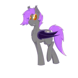 Size: 3000x3000 | Tagged: safe, artist:darklordsnuffles, derpibooru import, oc, oc:bright tone, unofficial characters only, bat pony, pony, awkward pose, chest fluff, colored pupils, cute, ear fluff, fangs, looking at you, purple hair, raised leg, simple background, solo, standing, transparent background