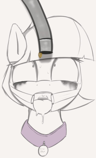 Size: 1077x1766 | Tagged: semi-grimdark, suggestive, artist:neighday, derpibooru import, coco pommel, abuse, bust, cocobuse, collar, crying, force feeding, gag, gas pump, gasoline, makeup, partial color, pet tag, ring gag, solo, tongue out