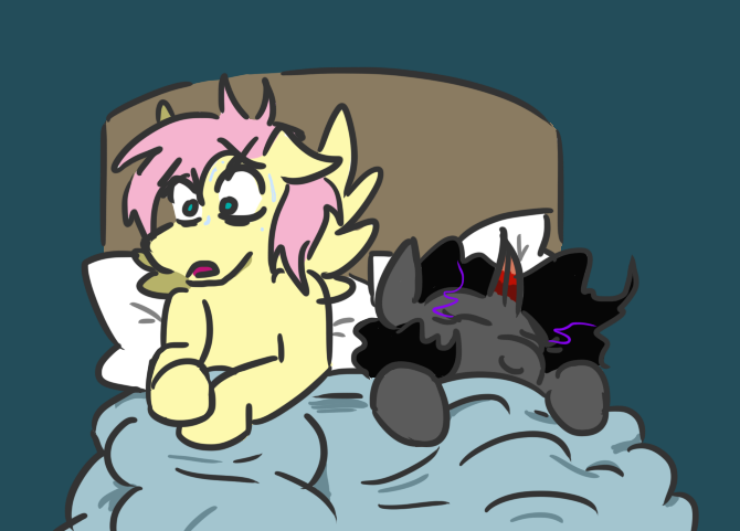 Size: 670x481 | Tagged: safe, artist:jargon scott, derpibooru import, fluttershy, king sombra, pegasus, pony, unicorn, adorascotch, aftersex, bed, blanket, butterscotch, cute, eyes closed, female, male, mare, morning after, open mouth, pillow, queen umbra, regret, ruined for marriage, rule 63, rule63betes, shipping, simple background, sombra eyes, sombrashy, spread wings, stallion, straight, umbradorable, umbrascotch