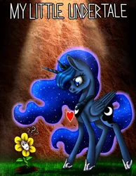 Size: 700x900 | Tagged: artist:inspiredpixels, crossover, derpibooru import, flowey, princess luna, safe, undertale