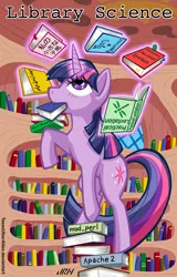 Size: 720x1123 | Tagged: safe, artist:texasuberalles, derpibooru import, twilight sparkle, pony, unicorn, arabic, balancing, black beauty, book, female, golden oaks library, japanese, library, looking up, magic, mare, misty of chincoteague, mouth hold, raised hoof, science, solo, telekinesis