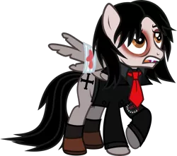Size: 1391x1229 | Tagged: safe, artist:lightningbolt, derpibooru import, ponified, pegasus, pony, .svg available, armband, bags under eyes, bandage, blood, broken wing, clothes, emo, eyeshadow, fangs, gerard way, hair over one eye, injured, makeup, male, messy hair, my chemical romance, necktie, open mouth, raised hoof, shirt, shoes, simple background, socks, solo, spread wings, stallion, suit, svg, tattered, three cheers for sweet revenge, transparent background, undershirt, vector