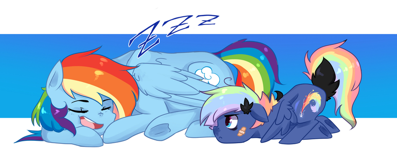 Size: 2530x1050 | Tagged: artist:kraytt-05, bandaid, colt, derpibooru import, male, oc, oc:rainbow thunder, offspring, parent:rainbow dash, parent:soarin', parents:soarindash, rainbow dash, safe, sleeping, zzz