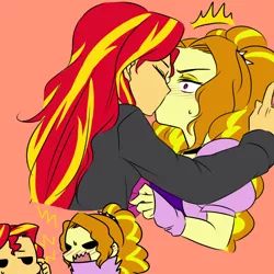 Size: 1000x1000 | Tagged: safe, artist:raika0306, derpibooru import, adagio dazzle, sunset shimmer, equestria girls, blushing, clothes, female, fingerless gloves, gloves, kissing, leather jacket, lesbian, shipping, simple background, sunsagio, tsundagio, yelling