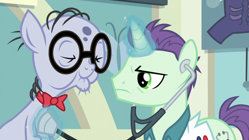 Size: 1280x720 | Tagged: safe, derpibooru import, screencap, mr. waddle, earth pony, pony, unicorn, on your marks, bowtie, doctor, dr steth, duo, elderly, eyes closed, glasses, glowing horn, listening, liver spots, magic, male, stallion, stethoscope, telekinesis