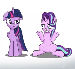 Size: 2832x2592 | Tagged: safe, artist:oinktweetstudios, derpibooru import, starlight glimmer, twilight sparkle, twilight sparkle (alicorn), alicorn, pony, floppy ears, gradient background, grin, looking at each other, nervous, nervous grin, raised eyebrow, shrug, sitting, smiling, teacher and student, underhoof, wavy mouth