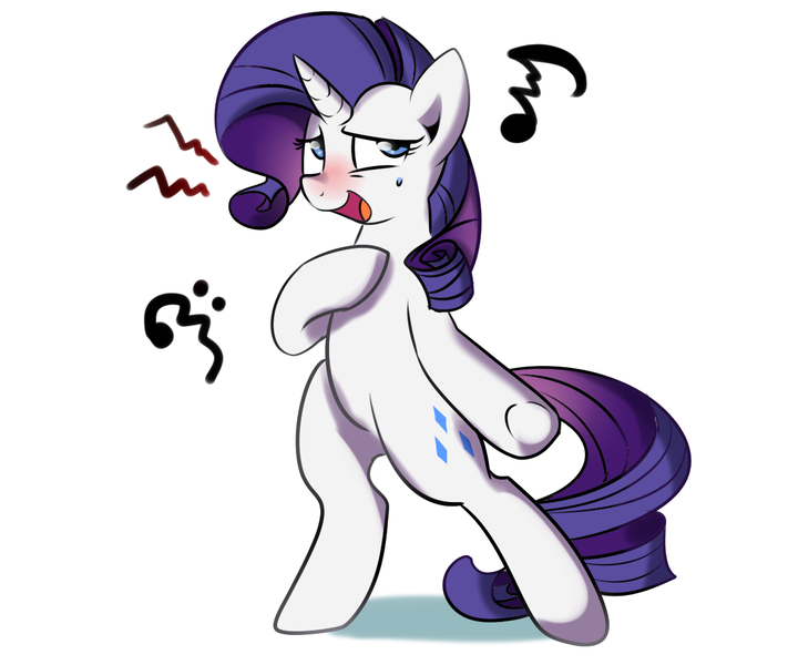 Size: 1200x1000 | Tagged: safe, artist:haden-2375, derpibooru import, rarity, pony, bad singing, bipedal, blushing, music notes, simple background, singing, solo, sour note, sweat