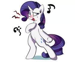 Size: 1200x1000 | Tagged: safe, artist:haden-2375, derpibooru import, rarity, pony, bad singing, bipedal, blushing, music notes, simple background, singing, solo, sour note, sweat