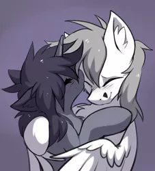 Size: 892x981 | Tagged: safe, artist:hioshiru, derpibooru import, oc, oc:kate, oc:kej, unofficial characters only, pegasus, pony, unicorn, blushing, couple, cute, eyes closed, hug, k+k, kissing, male, oc x oc, shipping, straight, winghug