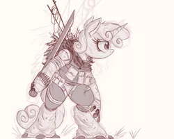 Size: 5000x4000 | Tagged: safe, artist:ncmares, derpibooru import, sweetie belle, cyborg, pony, unicorn, fanfic:night mares, absurd resolution, augmented, bipedal, clothes, female, hooves, horn, mare, monochrome, sketch, solo, weapon