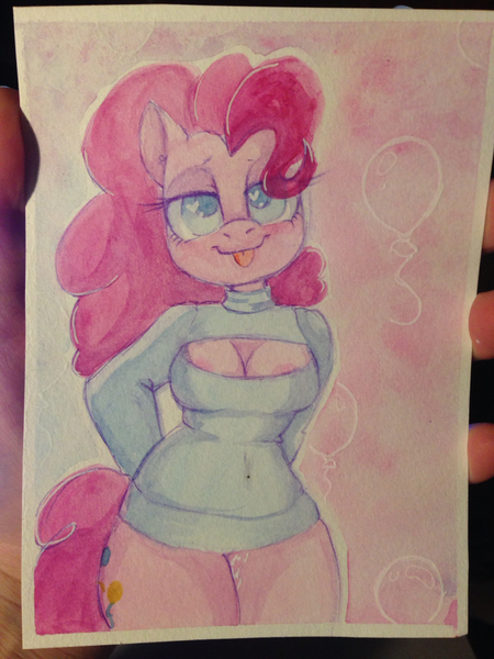 Size: 852x1136 | Tagged: questionable, artist:whale, derpibooru import, pinkie pie, anthro, areola, areola slip, bipedal, bottomless, breasts, cleavage, clothes, colored pupils, female, heart eyes, keyhole turtleneck, nipples, partial nudity, solo, solo female, sweater, tongue out, traditional art, turtleneck, watercolor painting, wingding eyes
