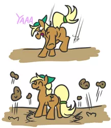 Size: 598x690 | Tagged: safe, artist:jargon scott, derpibooru import, oc, oc:tater trot, unofficial characters only, earth pony, pony, featureless crotch, food, plot, potato, potatobucking, potatobucking flanks, solo